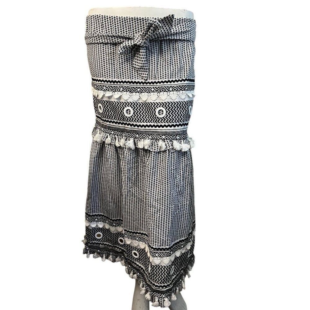 Chelsea & Violet XS Maxi Skirt Black White Grommets Eyelet Lace Belted Fringe NW
